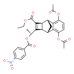 ChemSpider 2D Image | Ethyl (1S,8R,9S,12R)-3,6-diacetoxy-11-{(1S)-1-[(4-nitrobenzoyl)oxy]ethyl}tetracyclo[6.4.1.0~2,7~.0~9,12~]trideca-2,4,6,10-tetraene-10-carboxylate | C29H27NO10