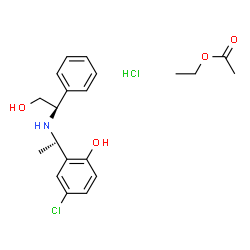 ChemSpider 2D Image | Ethyl acetate - 4-chloro-2-[(1S)-1-{[(1R)-2-hydroxy-1-phenylethyl]amino}ethyl]phenol hydrochloride (1:1:1) | C20H27Cl2NO4