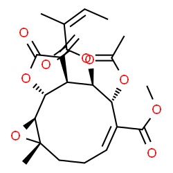 ChemSpider 2D Image | Methyl (1aS,4E,6R,7R,7aS,10aR,10bS)-6-acetoxy-1a-methyl-7-{[(2Z)-2-methyl-2-butenoyl]oxy}-8-methylene-9-oxo-1a,2,3,6,7,7a,8,9,10a,10b-decahydrooxireno[9,10]cyclodeca[1,2-b]furan-5-carboxylate | C23H28O9