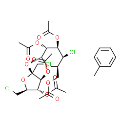 ChemSpider 2D Image | 3,4-Di-O-acetyl-1,6-dichloro-1,6-dideoxy-beta-D-fructofuranosyl 2,3,6-tri-O-acetyl-4-chloro-4-deoxy-alpha-D-galactopyranoside - toluene (1:1) | C29H37Cl3O13