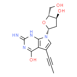 ChemSpider 2D Image | 2-Amino-7-(2-deoxy-beta-D-erythro-pentofuranosyl)-5-(1-propyn-1-yl)-1,7-dihydro-4H-pyrrolo[2,3-d]pyrimidin-4-one | C14H16N4O4
