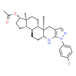 ChemSpider 2D Image | (1S,3aS,3bR,5aR,10aR,10bS,12aS)-7-(4-Fluorophenyl)-10a,12a-dimethyl-1,2,3,3a,3b,4,5,5a,6,7,10,10a,10b,11,12,12a-hexadecahydroindeno[5,4-f]pyrazolo[3,4-b]quinolin-1-yl acetate | C27H34FN3O2