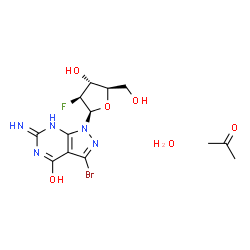 ChemSpider 2D Image | 6-Amino-3-bromo-1-(2-deoxy-2-fluoro-beta-D-arabinofuranosyl)-1,5-dihydro-4H-pyrazolo[3,4-d]pyrimidin-4-one - acetone hydrate (1:1:1) | C13H19BrFN5O6