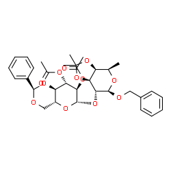 ChemSpider 2D Image | Benzyl 6-deoxy-2-O-(2,3-di-O-acetyl-4,6-O-benzylidene-beta-D-glucopyranosyl)-3,4-O-isopropylidene-beta-D-galactopyranoside | C33H40O12