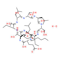 ChemSpider 2D Image | N-[(3R)-3-Hydroxydecanoyl]leucyl-N-[(3S,6R,9S,12R,15R,18R,21R,22R)-3,18-di[(2S)-2-butanyl]-6,12-bis(hydroxymethyl)-9,15-diisobutyl-22-methyl-2,5,8,11,14,17,20-heptaoxo-1-oxa-4,7,10,13,16,19-hexaazacyc
lodocosan-21-yl]-alpha-glutamine hydrate (1:1) | C55H99N9O17