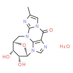 ChemSpider 2D Image | (3R,4S,5R,6R)-4,5-Dihydroxy-14-methyl-18-oxa-1,7,9,12,15-pentaazapentacyclo[8.6.1.1~3,6~.0~7,17~.0~12,16~]octadeca-8,10(17),13,15-tetraen-11-one hydrate (1:1) | C13H15N5O5