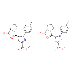 ChemSpider 2D Image | Methyl 1-{[(5R)-3-(methoxycarbonyl)-1-(4-methylphenyl)-4,5-dihydro-1H-pyrazol-5-yl]carbonyl}-L-prolinate - methyl 1-{[(5S)-3-(methoxycarbonyl)-1-(4-methylphenyl)-4,5-dihydro-1H-pyrazol-5-yl]carbonyl}-
L-prolinate (1:1) | C38H46N6O10