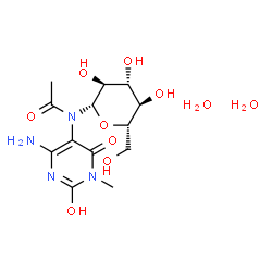 ChemSpider 2D Image | N-Acetyl-N-(6-amino-3-methyl-2,4-dioxo-1,2,3,4-tetrahydro-5-pyrimidinyl)-beta-L-glucopyranosylamine dihydrate | C13H24N4O10
