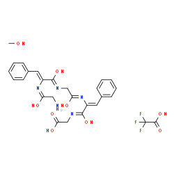 ChemSpider 2D Image | 2-[[(Z)-2-[[2-[[(Z)-2-[(2-amino-1-hydroxy-ethylidene)amino]-1-hydroxy-3-phenyl-prop-2-enylidene]amino]-1-hydroxy-ethylidene]amino]-1-hydroxy-3-phenyl-prop-2-enylidene]amino]acetic acid; methanol; 2,2,2-trifluoroacetic acid | C27H30F3N5O9
