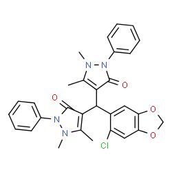 ChemSpider 2D Image | 4,4'-[(6-Chloro-1,3-benzodioxol-5-yl)methylene]bis(1,5-dimethyl-2-phenyl-1,2-dihydro-3H-pyrazol-3-one) | C30H27ClN4O4