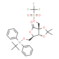ChemSpider 2D Image | [(3aR,6R,6aR)-2,2-Dimethyl-6-({[(2-methyl-2-propanyl)(diphenyl)silyl]oxy}methyl)-4-oxodihydrofuro[3,4-d][1,3]dioxol-3a(4H)-yl]methyl trifluoromethanesulfonate | C26H31F3O8SSi