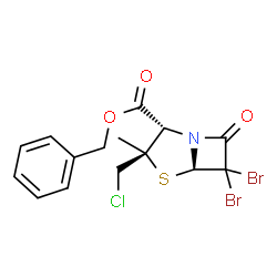 ChemSpider 2D Image | Benzyl (2S,3R,5R)-6,6-dibromo-3-(chloromethyl)-3-methyl-7-oxo-4-thia-1-azabicyclo[3.2.0]heptane-2-carboxylate | C15H14Br2ClNO3S