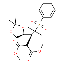 ChemSpider 2D Image | Methyl 2,3-dideoxy-4,5-O-isopropylidene-2-(methoxycarbonyl)-3-[2-(phenylsulfonyl)-2-propanyl]-D-arabinonate | C20H28O8S