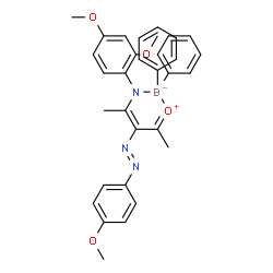 ChemSpider 2D Image | {4-[(2,4-Dimethoxyphenyl)amino-kappaN]-3-[(E)-(4-methoxyphenyl)diazenyl]-3-penten-2-onato-kappaO}(diphenyl)boron | C32H32BN3O4