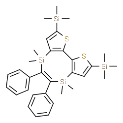ChemSpider 2D Image | 4,4,7,7-Tetramethyl-5,6-diphenyl-2,9-bis(trimethylsilyl)-4,7-dihydrothieno[2',3':7,8][1,4]disilocino[6,5-b]thiophene | C32H42S2Si4