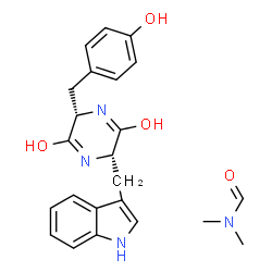 ChemSpider 2D Image | N,N-Dimethylformamide - (3S,6S)-3-(4-hydroxybenzyl)-6-(1H-indol-3-ylmethyl)-2,5-piperazinedione (1:1) | C23H26N4O4