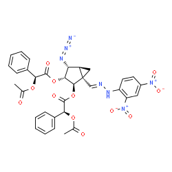 ChemSpider 2D Image | (1R,2R,3R,4R,5S)-4-Azido-1-{(E)-[(2,4-dinitrophenyl)hydrazono]methyl}bicyclo[3.1.0]hexane-2,3-diyl (2S,2'S)bis[acetoxy(phenyl)acetate] | C33H29N7O12
