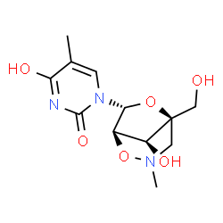 ChemSpider 2D Image | 1-[(1R,5R,7R,8S)-8-Hydroxy-5-(hydroxymethyl)-3-methyl-2,6-dioxa-3-azabicyclo[3.2.1]oct-7-yl]-5-methyl-2,4(1H,3H)-pyrimidinedione | C12H17N3O6
