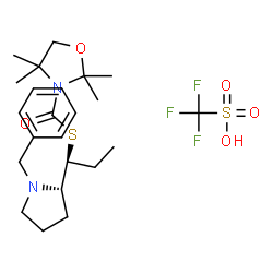 ChemSpider 2D Image | Trifluoromethanesulfonic acid - S-{(1S)-1-[(2S)-1-benzyl-2-pyrrolidinyl]propyl} 2,2,4,4-tetramethyl-1,3-oxazolidine-3-carbothioate (1:1) | C23H35F3N2O5S2