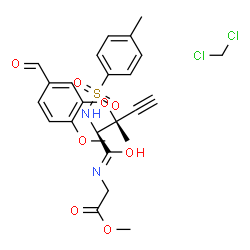 ChemSpider 2D Image | Methyl {[(2S,3R)-3-(5-formyl-2-methoxyphenoxy)-3-methyl-2-{[(4-methylphenyl)sulfonyl]amino}-4-pentynoyl]amino}acetate - dichloromethane (1:1) | C25H28Cl2N2O8S
