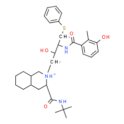 ChemSpider 2D Image | 2-{2-Hydroxy-3-[(3-hydroxy-2-methylbenzoyl)amino]-4-(phenylsulfanyl)butyl}-3-[(2-methyl-2-propanyl)carbamoyl]decahydroisoquinolinium | C32H46N3O4S