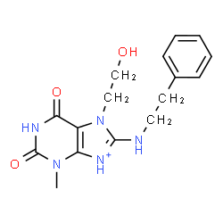 ChemSpider 2D Image | 7-(2-Hydroxyethyl)-3-methyl-2,6-dioxo-8-[(2-phenylethyl)amino]-2,3,6,7-tetrahydro-1H-purin-9-ium | C16H20N5O3