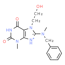 ChemSpider 2D Image | 8-[Benzyl(methyl)amino]-7-(2-hydroxyethyl)-3-methyl-2,6-dioxo-2,3,6,7-tetrahydro-1H-purin-9-ium | C16H20N5O3