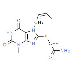 ChemSpider 2D Image | 2-({7-[(2Z)-2-Buten-1-yl]-3-methyl-2,6-dioxo-2,3,6,7-tetrahydro-1H-purin-8-yl}sulfanyl)acetamide | C12H15N5O3S