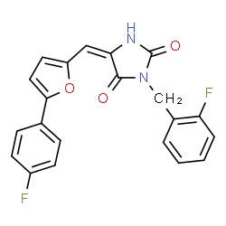 ChemSpider 2D Image | (5E)-3-(2-Fluorobenzyl)-5-{[5-(4-fluorophenyl)-2-furyl]methylene}-2,4-imidazolidinedione | C21H14F2N2O3