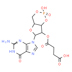 ChemSpider 2D Image | 4-{[6-(2-Amino-6-oxo-1,6-dihydro-9H-purin-9-yl)-2-hydroxy-2-oxidotetrahydro-4H-furo[3,2-d][1,3,2]dioxaphosphinin-7-yl]oxy}-4-oxobutanoic acid | C14H16N5O10P