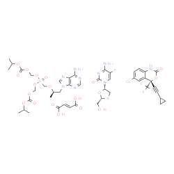 ChemSpider 2D Image | 4-amino-5-fluoro-1-[(2R,5S)-2-(hydroxymethyl)-1,3-oxathiolan-5-yl]pyrimidin-2-one; [[(1R)-2-(6-aminopurin-9-yl)-1-methyl-ethoxy]methyl-(isopropoxycarbonyloxymethoxy)phosphoryl]oxymethyl isopropyl carbonate; but-2-enedioic acid; (4S)-6-chloro-4-(2-cyclopropylethynyl)-4-(trifluoromethyl)-1H-3,1-benzoxazin-2-one | C45H53ClF4N9O19PS