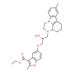 ChemSpider 2D Image | Ethyl 5-[2-hydroxy-3-(8-methyl-1,2,3a,4,5,6-hexahydro-3H-pyrazino[3,2,1-jk]carbazol-3-yl)propoxy]-2-methyl-1-benzofuran-3-carboxylate | C30H34N2O5