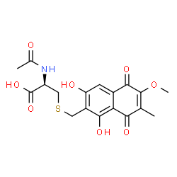 ChemSpider 2D Image | N-Acetyl-S-[(1,3-dihydroxy-6-methoxy-7-methyl-5,8-dioxo-5,8-dihydro-2-naphthalenyl)methyl]-L-cysteine | C18H19NO8S