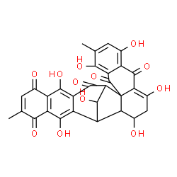 ChemSpider 2D Image | 5,8,12,14,18,25,28-Heptahydroxy-6,21-dimethylheptacyclo[14.11.1.0~2,11~.0~2,15~.0~4,9~.0~17,26~.0~19,24~]octacosa-4,6,8,11,17(26),18,21,24-octaene-3,10,20,23,27-pentone | C30H22O12
