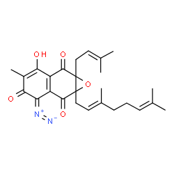 ChemSpider 2D Image | 3-Diazo-1a-[(2E)-3,7-dimethyl-2,6-octadien-1-yl]-6-hydroxy-5-methyl-7a-(3-methyl-2-buten-1-yl)-1a,7a-dihydronaphtho[2,3-b]oxirene-2,4,7(3H)-trione | C26H30N2O5
