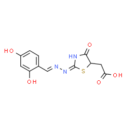 ChemSpider 2D Image | {(2E)-2-[(2E)-(2,4-Dihydroxybenzylidene)hydrazono]-4-oxo-1,3-thiazolidin-5-yl}acetic acid | C12H11N3O5S