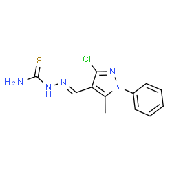 ChemSpider 2D Image | (2E)-2-[(3-Chloro-5-methyl-1-phenyl-1H-pyrazol-4-yl)methylene]hydrazinecarbothioamide | C12H12ClN5S