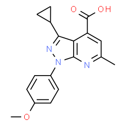 ChemSpider 2D Image | 3-cyclopropyl-1-(4-methoxyphenyl)-6-methylpyrazolo[3,4-b]pyridine-4-carboxylic acid | C18H17N3O3