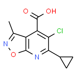 ChemSpider 2D Image | 5-Chloro-6-cyclopropyl-3-methyl[1,2]oxazolo[5,4-b]pyridine-4-carboxylic acid | C11H9ClN2O3