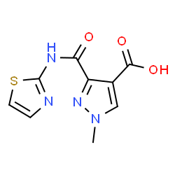 ChemSpider 2D Image | 1-Methyl-3-(1,3-thiazol-2-ylcarbamoyl)-1H-pyrazole-4-carboxylic acid | C9H8N4O3S
