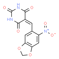 ChemSpider 2D Image | 5-[(6-Nitro-1,3-benzodioxol-5-yl)methylene]-2,4,6(1H,3H,5H)-pyrimidinetrione | C12H7N3O7