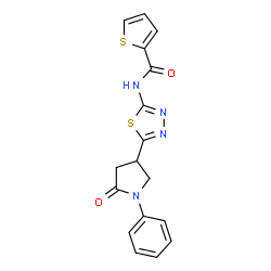 ChemSpider 2D Image | N-[5-(5-Oxo-1-phenyl-3-pyrrolidinyl)-1,3,4-thiadiazol-2-yl]-2-thiophenecarboxamide | C17H14N4O2S2