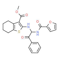 ChemSpider 2D Image | Methyl 2-{[1-(2-furoylamino)-2-oxo-2-phenylethyl]amino}-4,5,6,7-tetrahydro-1-benzothiophene-3-carboxylate | C23H22N2O5S