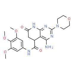 ChemSpider 2D Image | 4-Amino-2-(4-morpholinyl)-7-oxo-N-(3,4,5-trimethoxyphenyl)-1,5,6,7-tetrahydropyrido[2,3-d]pyrimidine-5-carboxamide | C21H26N6O6