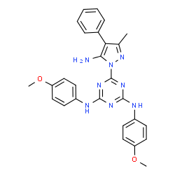 ChemSpider 2D Image | 6-(5-Amino-3-methyl-4-phenyl-1H-pyrazol-1-yl)-N,N'-bis(4-methoxyphenyl)-1,3,5-triazine-2,4-diamine | C27H26N8O2