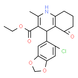 ChemSpider 2D Image | Ethyl 4-(6-chloro-1,3-benzodioxol-5-yl)-2-methyl-5-oxo-1,4,5,6,7,8-hexahydro-3-quinolinecarboxylate | C20H20ClNO5