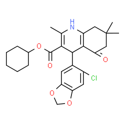 ChemSpider 2D Image | Cyclohexyl 4-(6-chloro-1,3-benzodioxol-5-yl)-2,7,7-trimethyl-5-oxo-1,4,5,6,7,8-hexahydro-3-quinolinecarboxylate | C26H30ClNO5