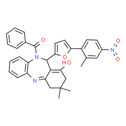 ChemSpider 2D Image | {1-Hydroxy-3,3-dimethyl-11-[5-(2-methyl-4-nitrophenyl)-2-furyl]-2,3,4,11-tetrahydro-10H-dibenzo[b,e][1,4]diazepin-10-yl}(phenyl)methanone | C33H29N3O5