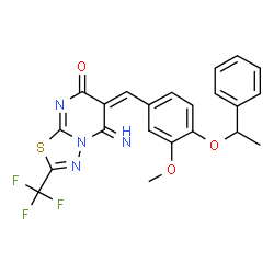 ChemSpider 2D Image | (6E)-5-Imino-6-[3-methoxy-4-(1-phenylethoxy)benzylidene]-2-(trifluoromethyl)-5,6-dihydro-7H-[1,3,4]thiadiazolo[3,2-a]pyrimidin-7-one | C22H17F3N4O3S