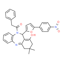 ChemSpider 2D Image | 1-{1-Hydroxy-3,3-dimethyl-11-[5-(4-nitrophenyl)-2-furyl]-2,3,4,11-tetrahydro-10H-dibenzo[b,e][1,4]diazepin-10-yl}-2-phenylethanone | C33H29N3O5